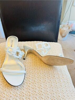 bebe White Braided Strap Heeled Slide Sandals